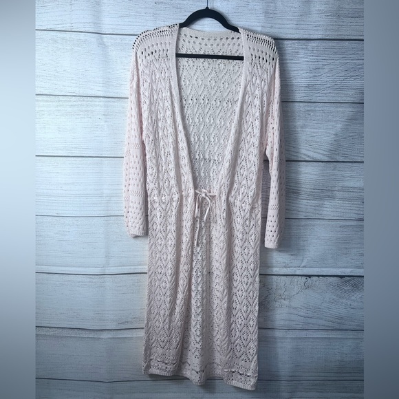 Boutique Brand Open Knit Tie Front Drop Shoulder Cardigan Duster Apricot 💗 - Picture 5 of 12